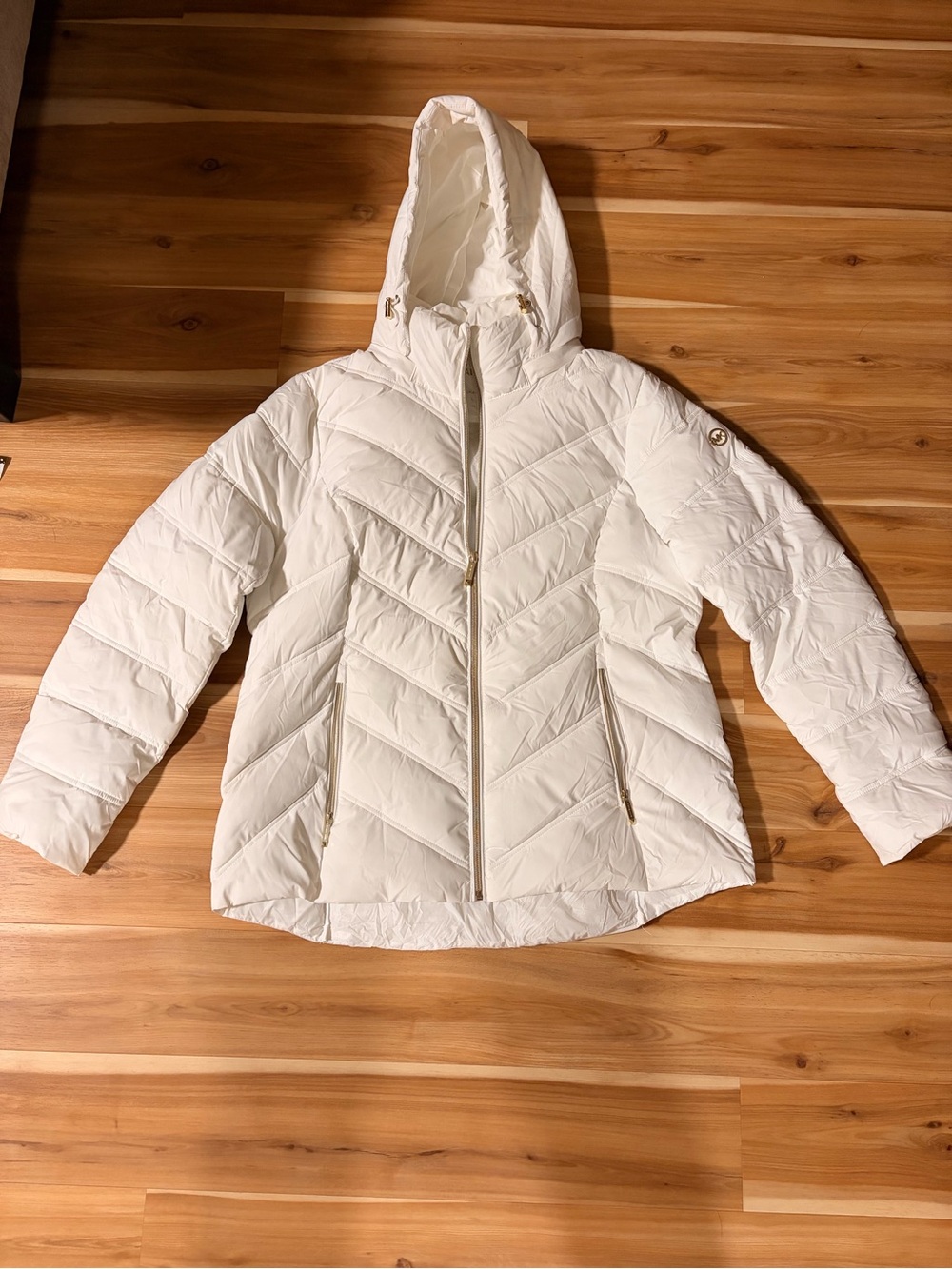 Michael Kors White Hooded Chevron Puffer Jacket